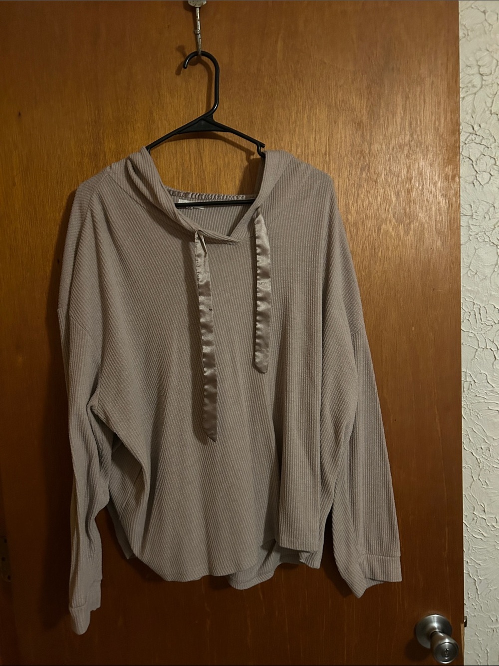 Maurices Taupe Waffle Knit Hoodie with Satin Drawstrings